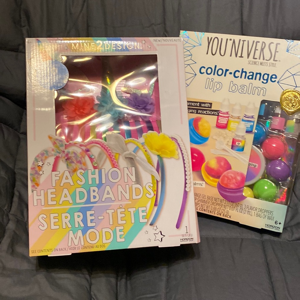 Girls craft set. Includes headband kits and lip gloss kit.